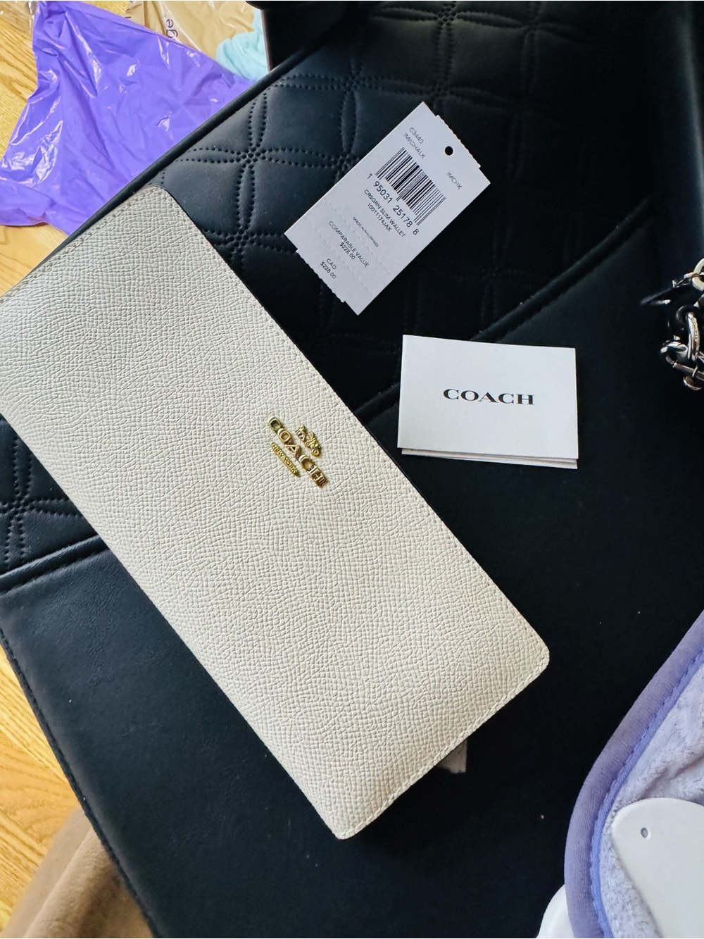 COACH Cream Saffiano Leather Continental Wallet with Gold Logo